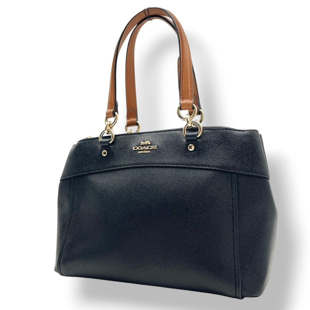 COACH Mini Brooke Carryall Handbag, Leather, Black/Brown Bicolor, Shoulder Ba...